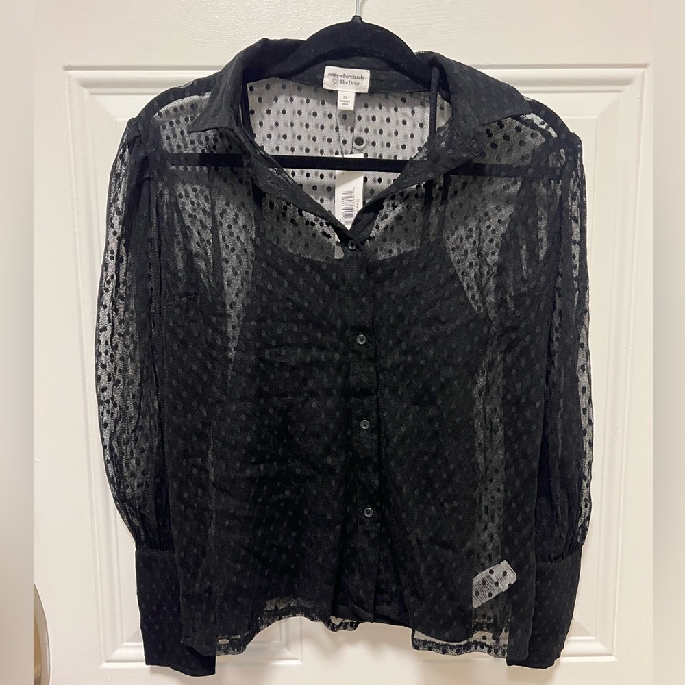 Somewhere Lately Sheer Black Button-Up Blouse with black Cami